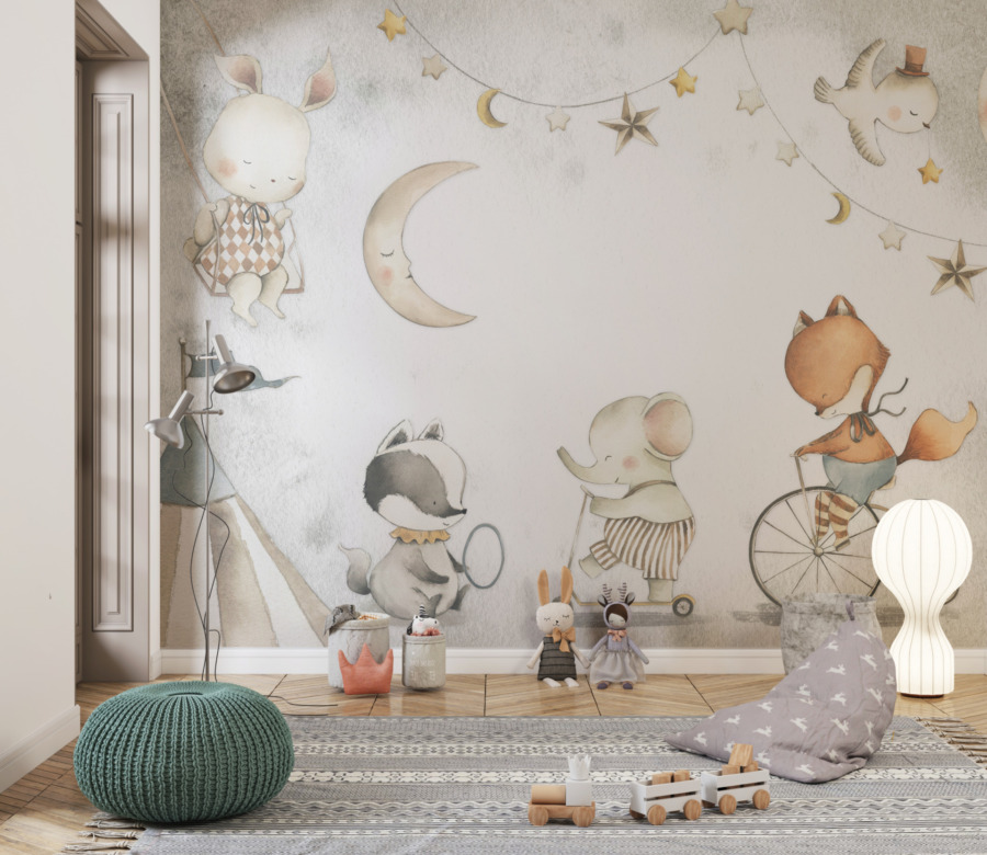 Fototapeta z kolorowymi zwierzątkami, księżycem i gwiazdami Czas Na Sen do pokoju dziecięcego - główne zdjęcie produktu