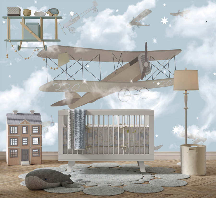 Fototapeta z dawną maszyną latającą wśród delikatnych chmur Dwupłatowiec We Mgle - główne zdjęcie produktu