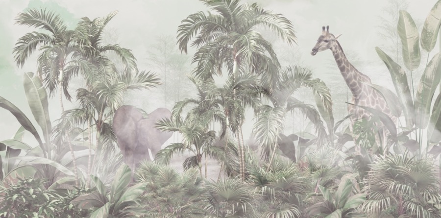 Fototapeta ze słoniem i żyrafą ukrytą w tropikalnej dżungli Dzikie Zwierzęta We Mgle - zdjęcie numer 2