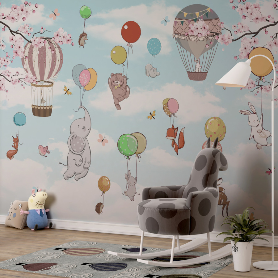 Fototapeta z kolorowym motywem zwierzątek, baloników i kwitnących wiśni Fruwając z Balonikami do pokoju dziecięcego - główne zdjęcie produktu