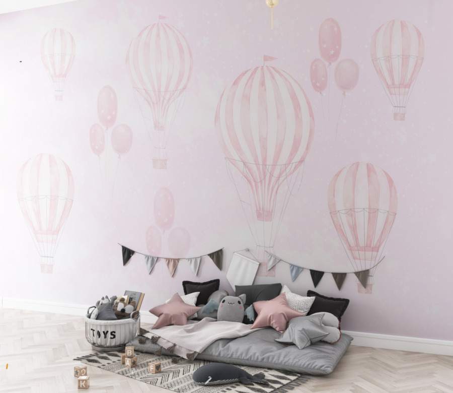 Fototapeta w delikatnej tonacji, z balonami fruwającymi na różowym niebie Lot Różowym Balonem - główne zdjęcie produktu