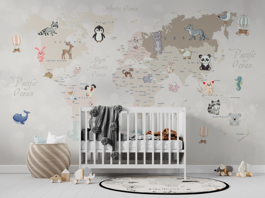 Fototapeta z kontynentalną mapą świata w łagodnej tonacji Mapa Ze Zwierzątkami do pokoju dziecięcego - główne zdjęcie produktu