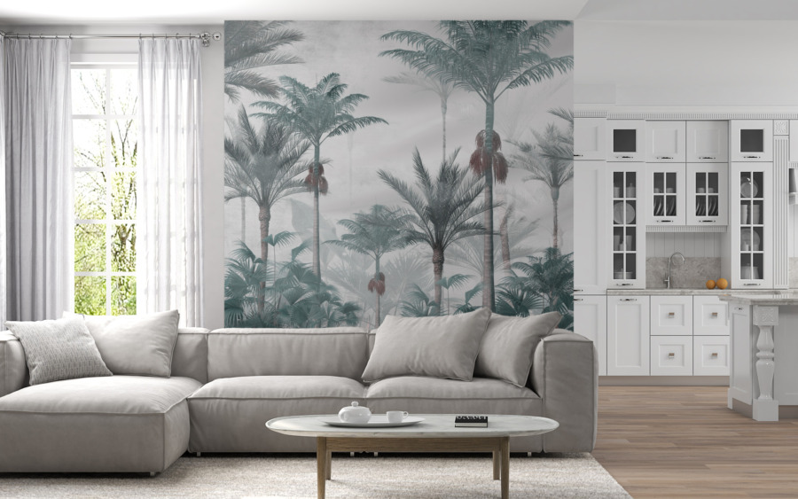 Fototapeta z palmami kokosowymi w szarości Mgła Nad Lasem Palmowym- główne zdjęcie produktu
