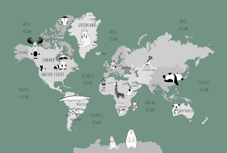 Fototapeta z kontynentami i zwierzątkami Seledynowa Mapa Świata - zdjęcie numer 2