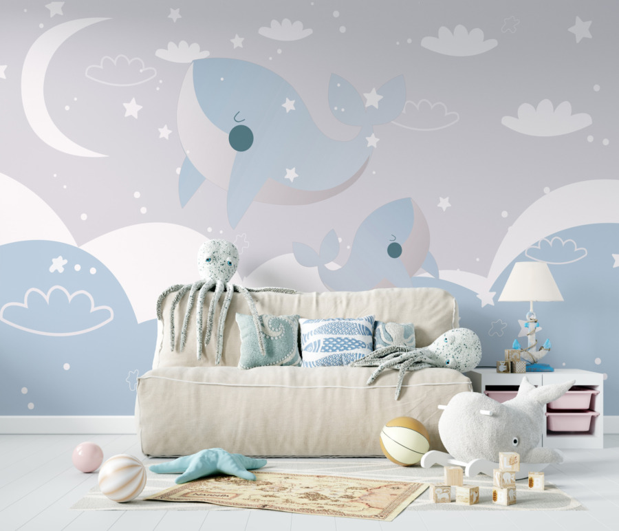 Fototapeta w ciepłych odcieniach błękitu i bieli z księżycem i gwiazdami Senne Wieloryby do pokoju dziecięcego - główne zdjęcie produktu