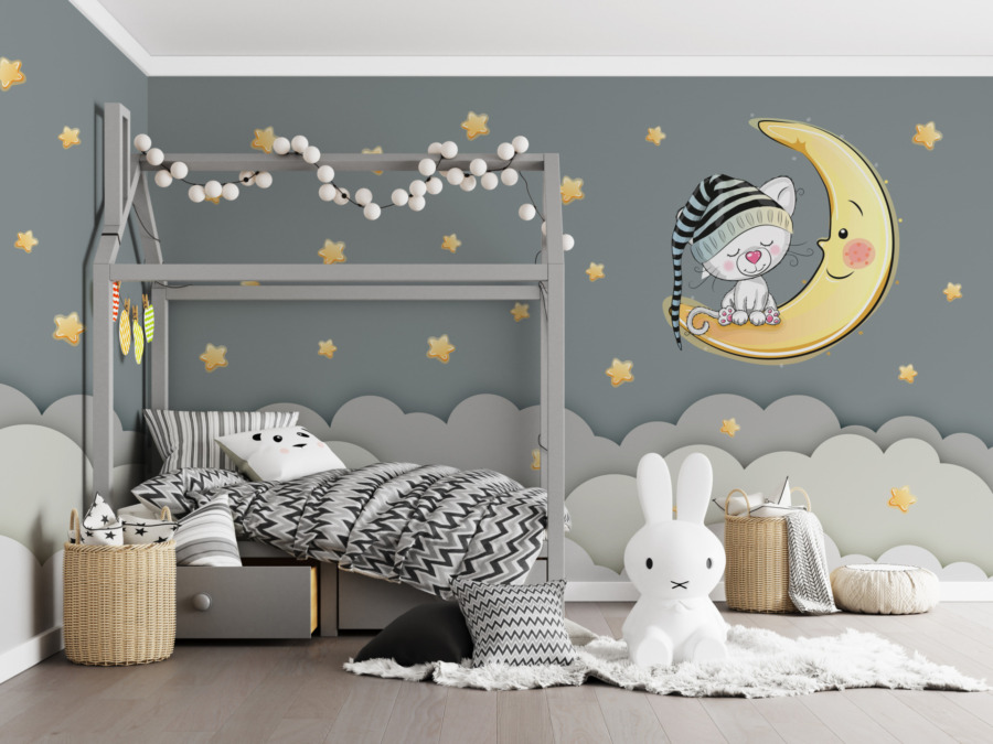 Fototapeta z nocnym niebem w stonowanych kolorach Śpiący Kotek Na Księżycu do pokoju dziecięcego - główne zdjęcie produktu