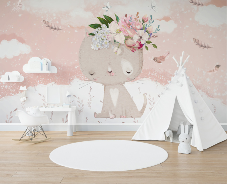 Fototapeta w białych i różowych kolorach Śpiący Kotek do pokoju dziecięcego - główne zdjęcie produktu