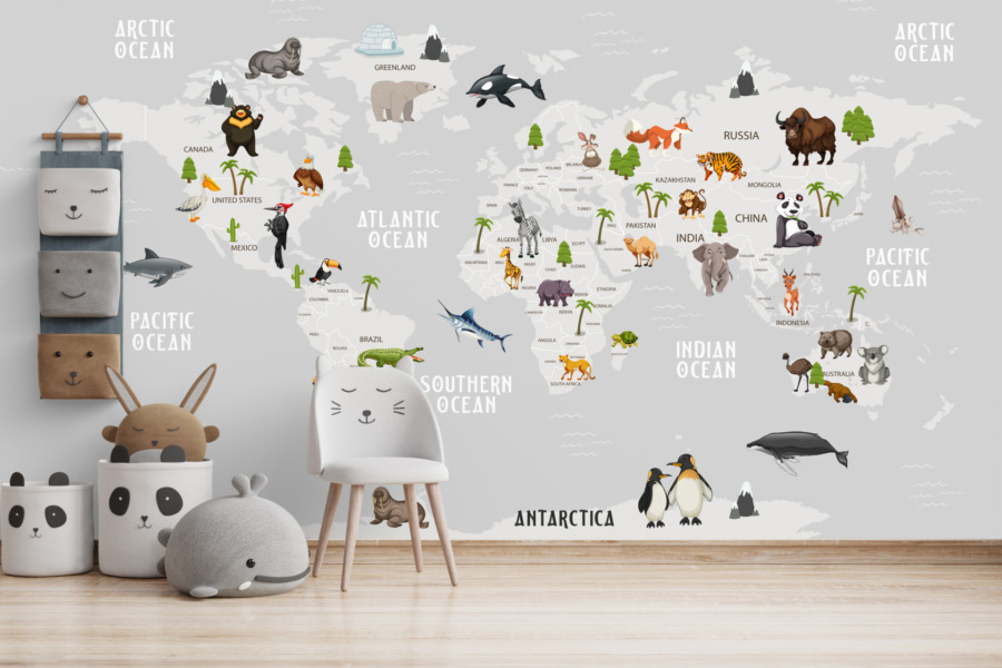 Fototapeta w szarych kolorach ze zwierzętami na mapie świata Zwierzęta na Kontynentach - główne zdjęcie produktu