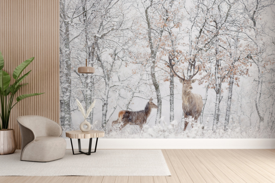 Fototapeta z motywem dzikiej natury w śnieżnej zimie Jelenie w Białym Lesie - główne zdjęcie produktu