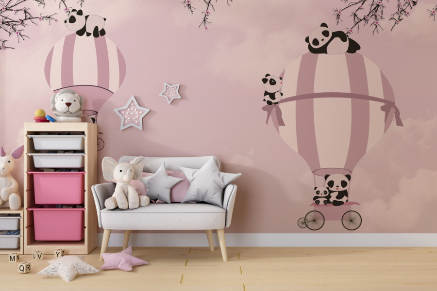 Fototapeta w ciepłych kolorach do pokoju dziecięcego Pandy Na Różowym Niebie - główne zdjęcie produktu
