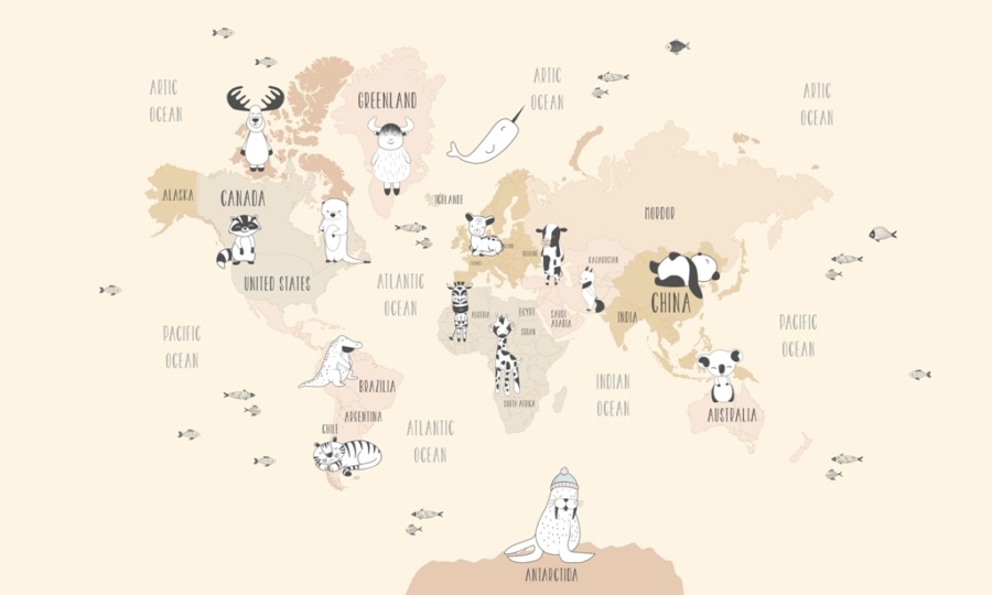 Fototapeta z kontynentalną mapą świata w pastelowych odcieniach Różowa Mapa Ze Zwierzątkami - zdjęcie numer 2