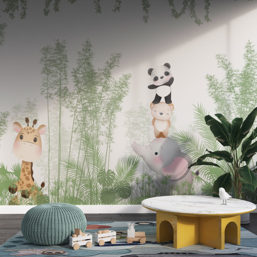 Fototapeta z wesołymi zwierzątkami w zielonej dżungli Tropikalna Wieża do pokoju dziecięcego - główne zdjęcie produktu