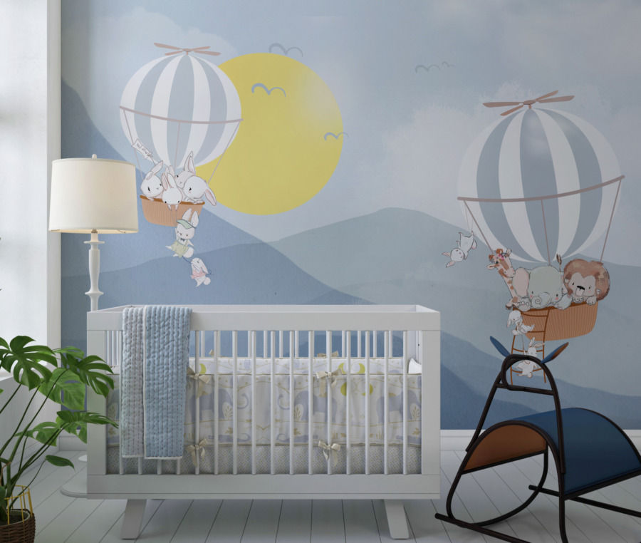 Fototapeta z balonami w błękitnych odcieniach Zwierzątka w Locie Nad Górami do pokoju dziecięcego - główne zdjęcie produktu
