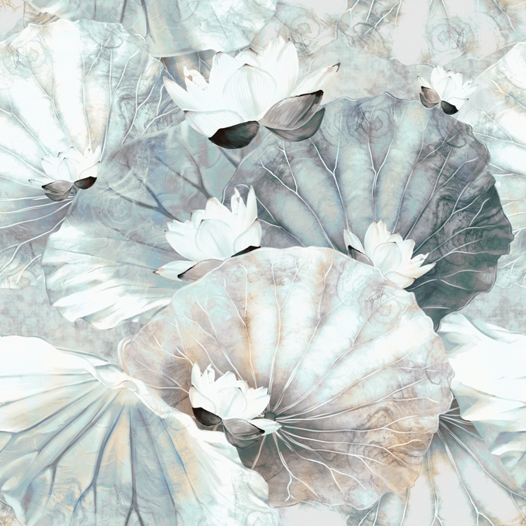 Fototapeta abstrakcyjna z niebieskimi liśćmi i białymi kwiatami Białe Nenufary - zdjęcie numer 2