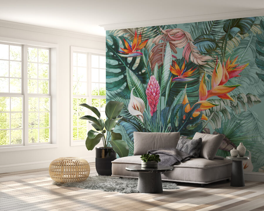 Fototapeta w soczystych kolorach z egzotycznym motywem florystycznym Bukiet Tropikalnych Kwiatów - główne zdjęcie produktu