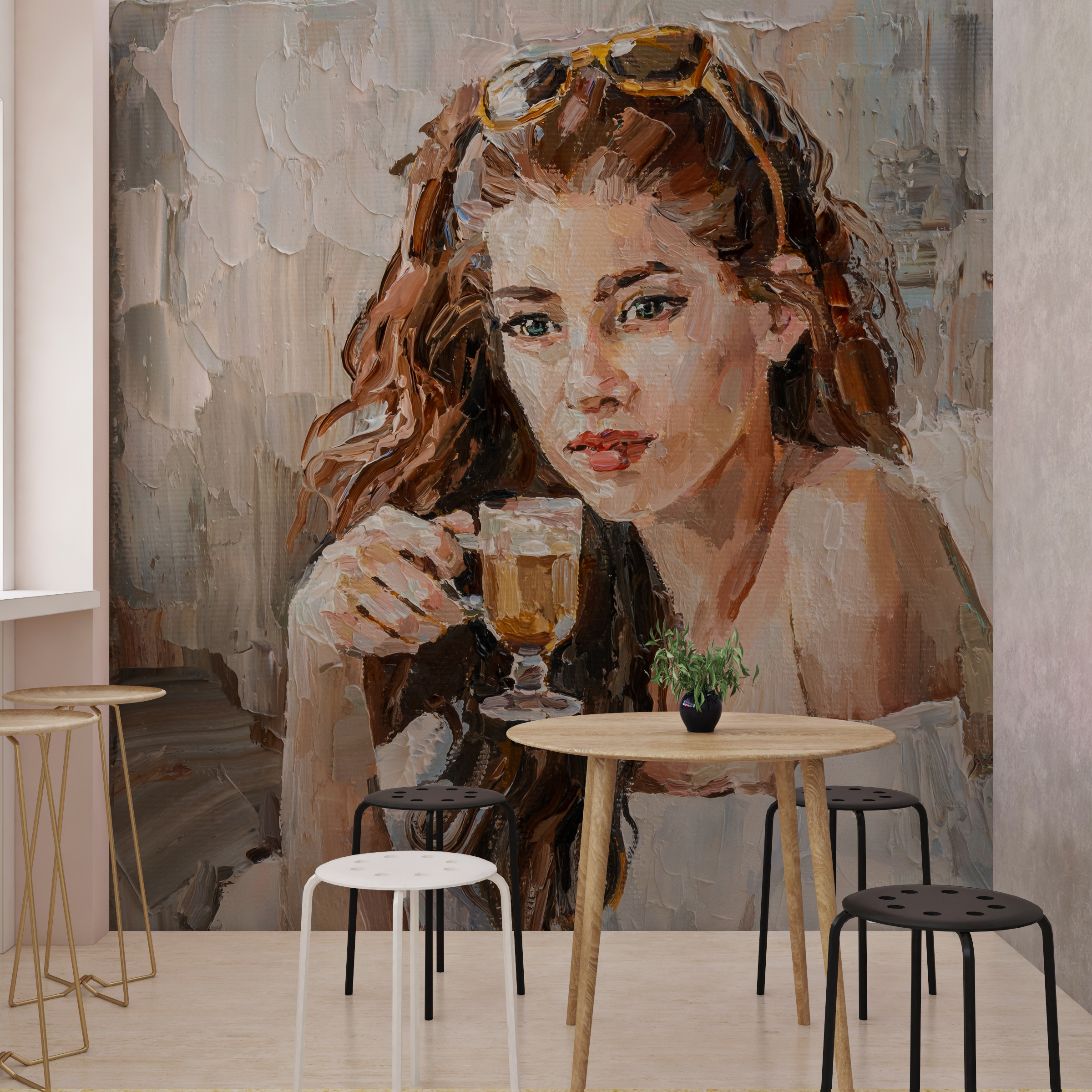 Fototapeta z portretem malowanym akwarelą o niejednolitej strukturze Dziewczyna Pijąca Kawę - główne zdjęcie produktu