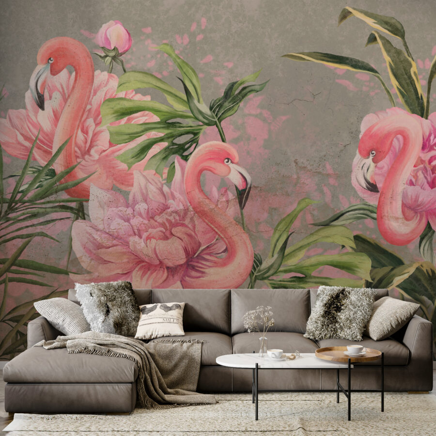 Fototapeta z tropikalnym motywem roślin i zwierząt Flamingi jak Kwiaty - główne zdjęcie produktu