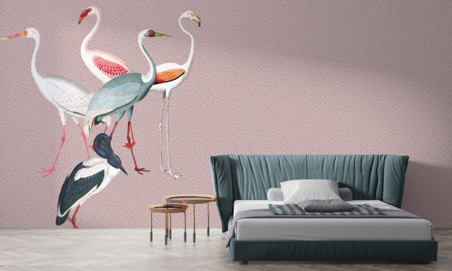 Fototapeta z egzotycznymi kolorowymi ptakami na niejednolitym tle Flamingi w Kropkach - główne zdjęcie produktu