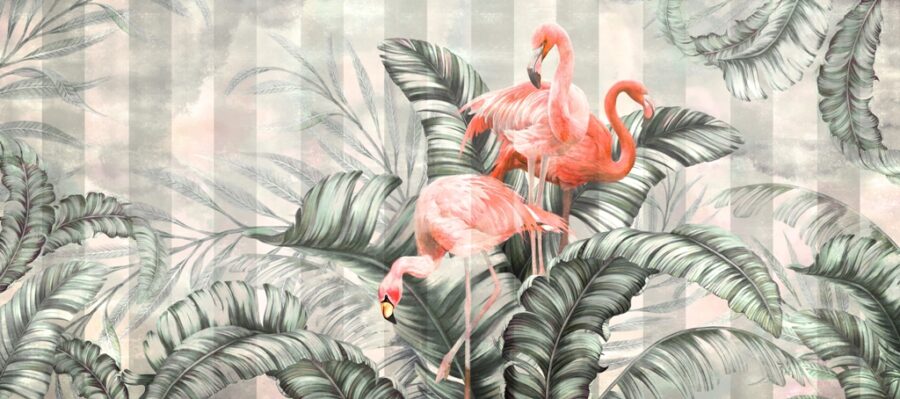 Fototapeta z tropikalnym motywem ptaków z tłem w pionowe pasy Flamingi w Liściach - zdjęcie numer 2