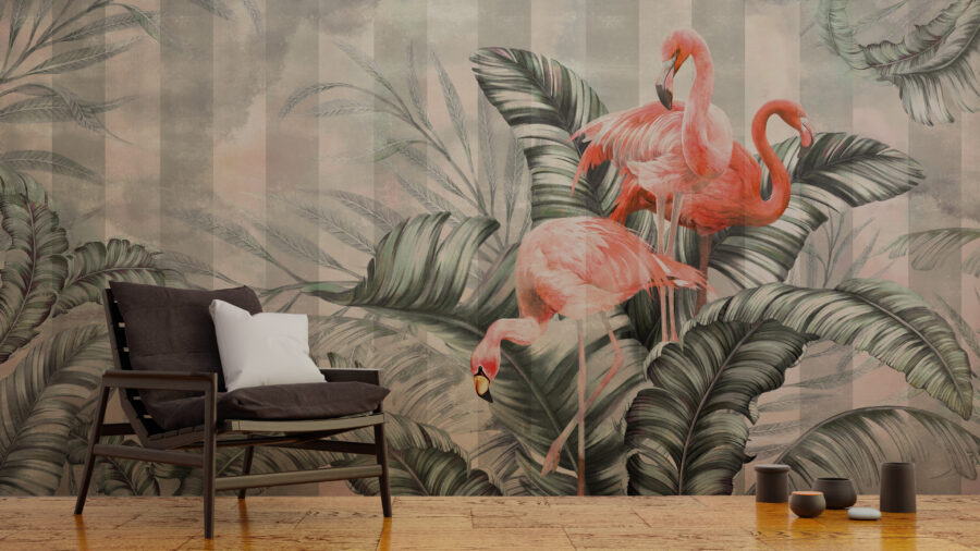 Fototapeta z tropikalnym motywem ptaków z tłem w pionowe pasy Flamingi w Liściach - główne zdjęcie produktu