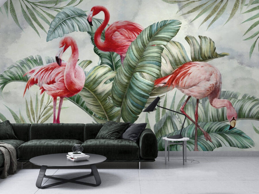Fototapeta w egzotycznych kolorach Flamingi w Zieleni - główne zdjęcie produktu