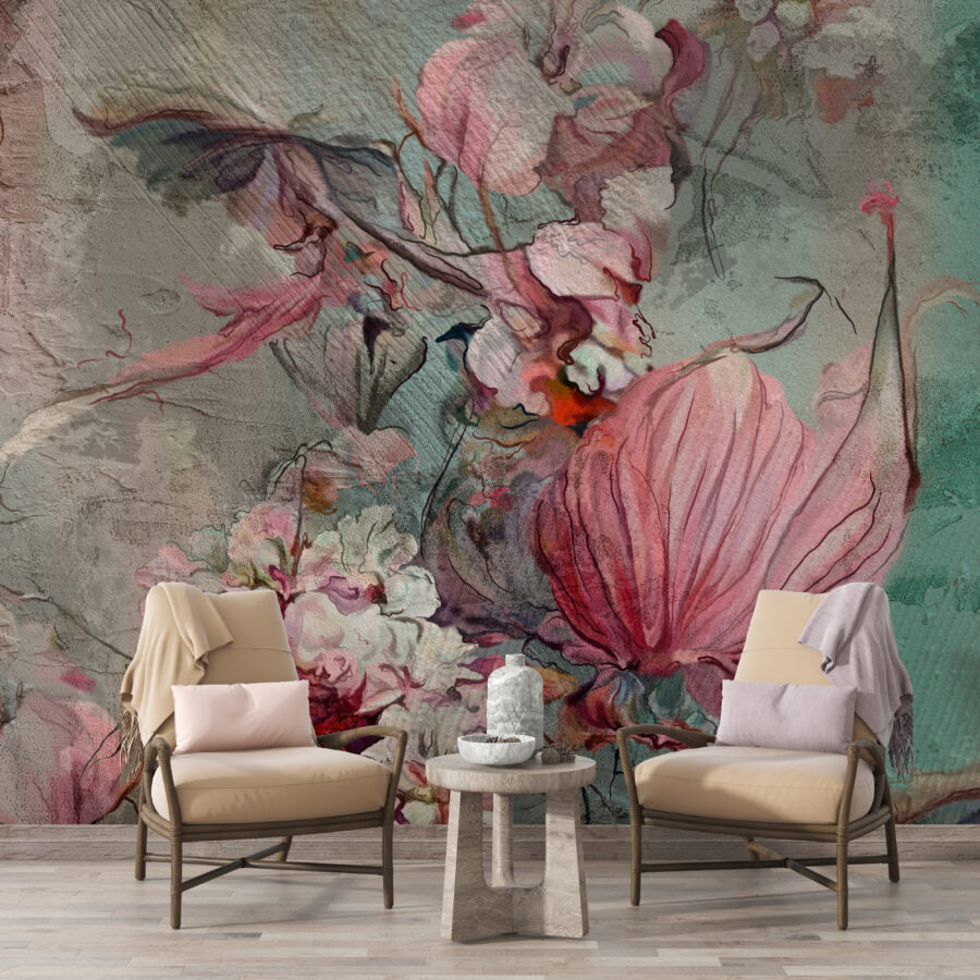 Fototapeta w odcieniach różu i czerwieni na stonowanym tle z wyraźną teksturą ściany Kwiaty Na Ścianie - główne zdjęcie produktu