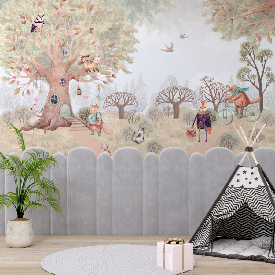 Fototapeta w ciepłych kolorach z bajkową tematyką zwierząt leśnych do pokoju dziecięcego Leśny Domek z Bajki - główne zdjęcie produktu