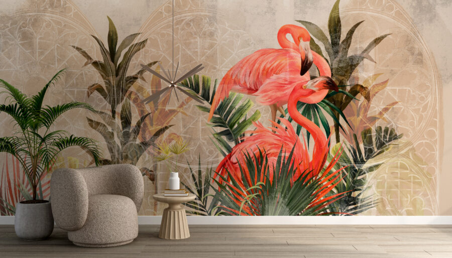 Fototapeta w egzotycznej tematyce z dominującą czerwienią Pelikany w Arkadach - główne zdjęcie produktu