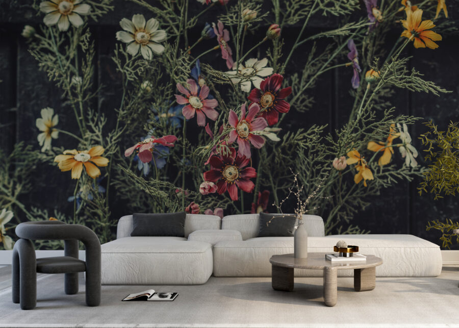 Fototapeta z motywem kolorowych kwiatów na ciemnym tle Ściana Kwiatów Ogrodowych - główne zdjęcie produktu