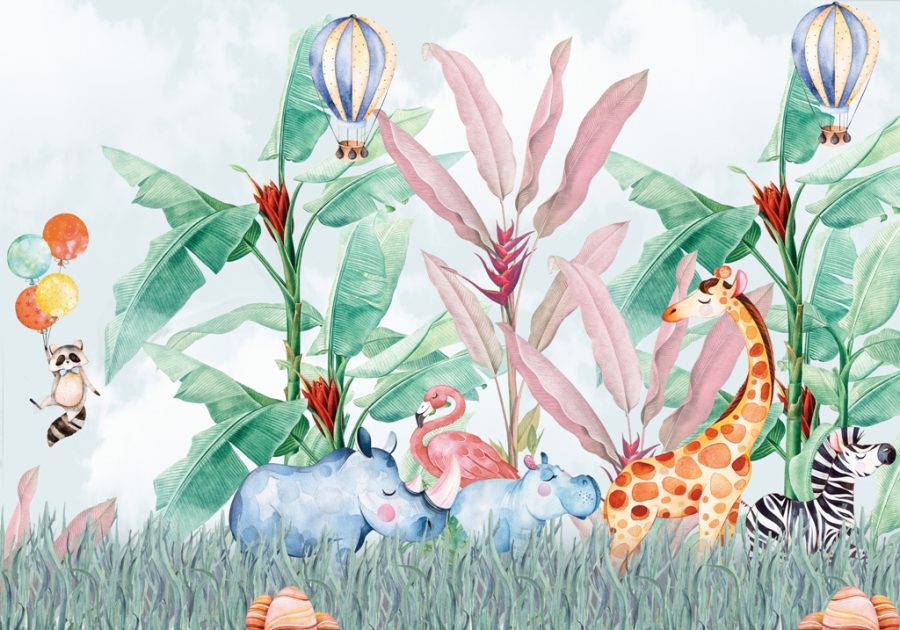 Fototapeta w żywych i wesołych barwach z motywem egzotycznych roślin i zwierząt Kolorowa Dżungla Dla Dzieci - zdjęcie produktu numer 2
