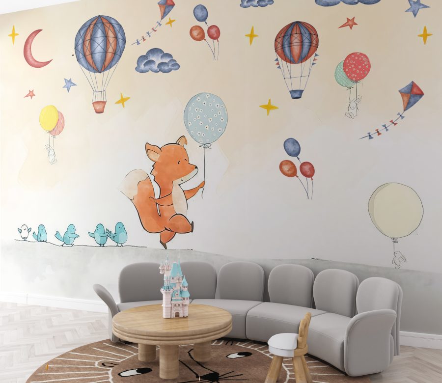 Fototapeta w wesołych kolorach ze zwierzątkami i balonikami do pokoju dziecięcego Lisek z Balonikiem - główne zdjęcie produktu