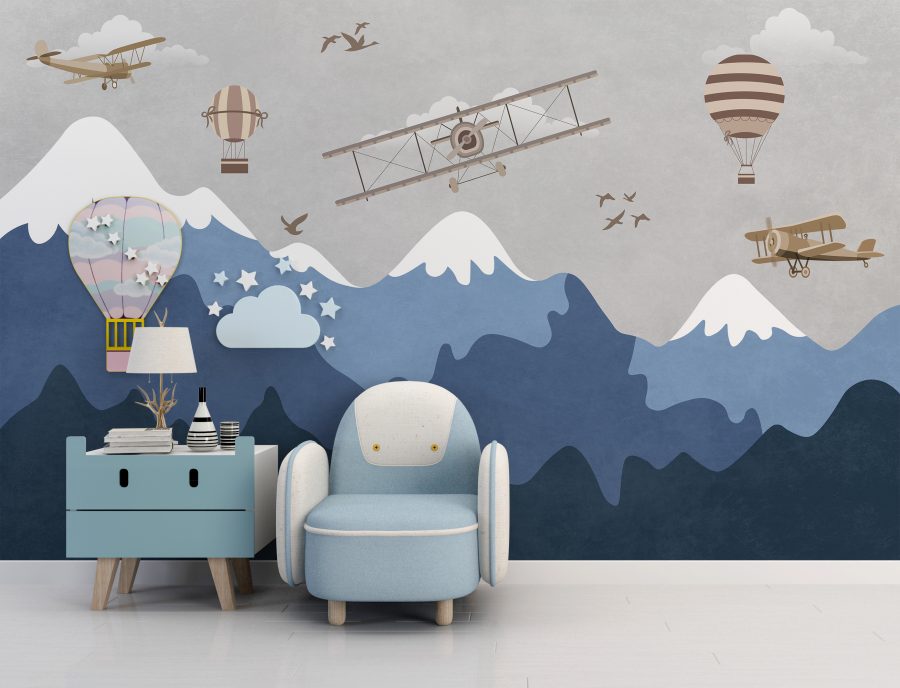 Fototapeta z samolotami i balonami przelatującymi nad górami w śniegu dla dzieci Lot Nad Górami - główne zdjęcie produktu