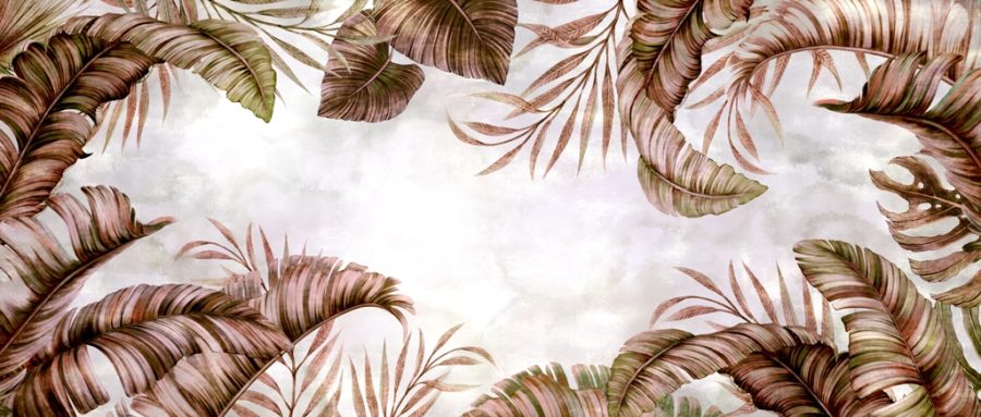 Fototapeta z motywem egzotycznych liści tworzącym ramę dla chmur Niebo w Brązowych Liściach - zdjęcie numer 2