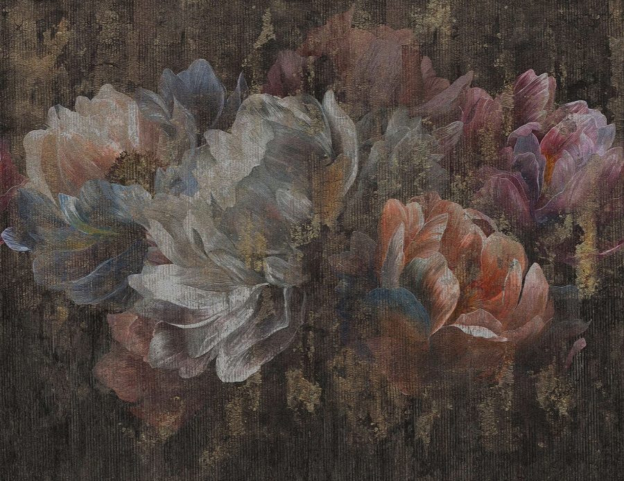 Fototapeta w stonowanych kolorach z bukietem kwiatów z widoczną teksturą Tkanina w Piwonie - zdjęcie numer 2