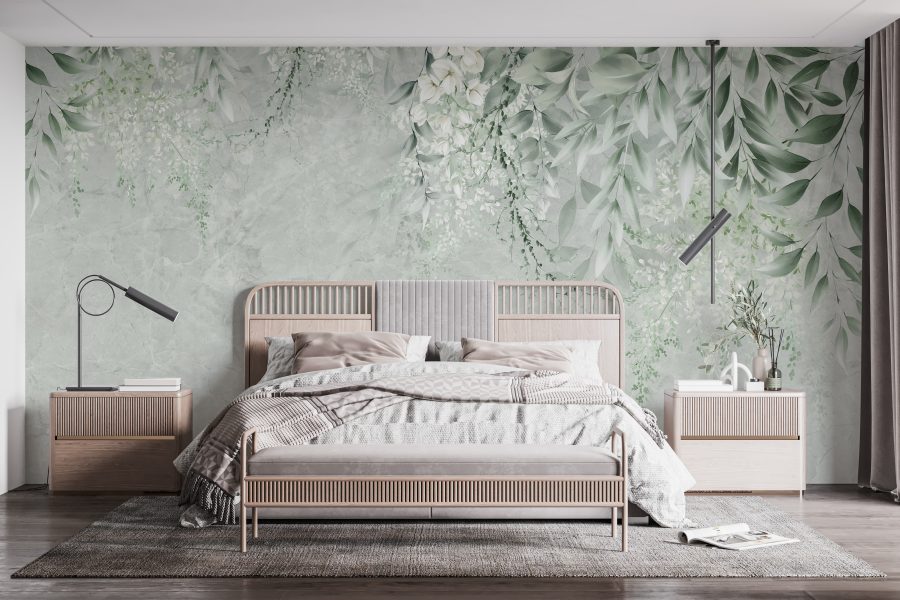 Fototapeta z delikatnym motywem roślinnym idealnym do sypialni Zielone Listki - główne zdjęcie produktu