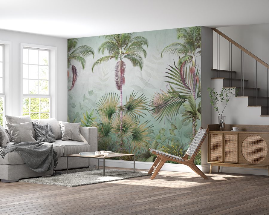 Fototapeta z tropikalną dżunglą w łagodnej tonacji kolorystycznej Zielone Palmy - główne zdjęcie produktu