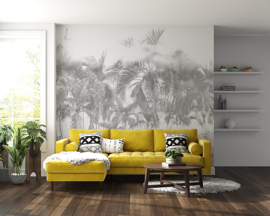 Fototapeta w dwóch stonowanych odcieniach z motywem tropikalnej dżungli Palmy w Bieli - główne zdjęcie produktu