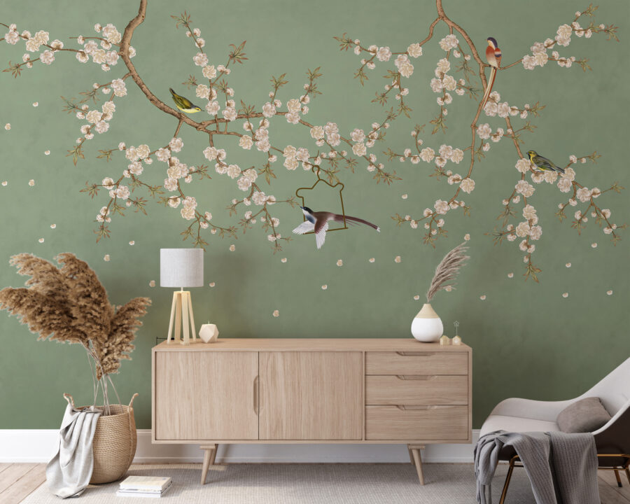 Fototapeta w eleganckich odcieniach zieleni z motywem azjatyckim Ptaki w Kwiatach Wiśni - główne zdjęcie produktu