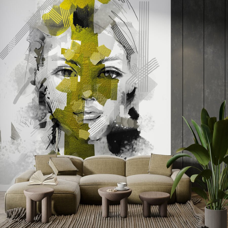 Fototapeta z twarzą kobiety w odcieniach szarości i zieleni w nowoczesnym stylu Twarz w Zieleni - główne zdjęcie produktu
