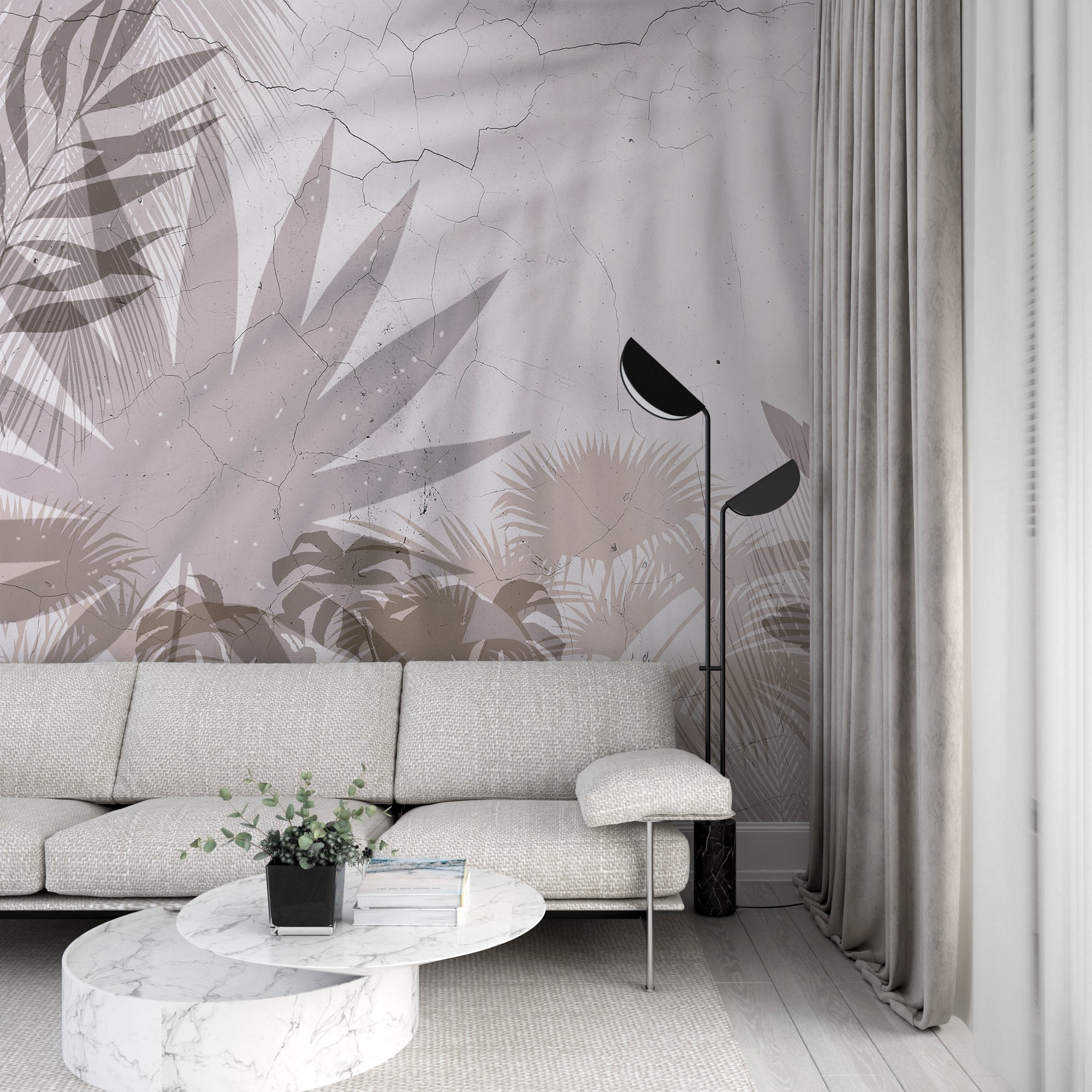 Fototapeta z tropikalnymi liśćmi na popękanej ścianie, w jasnej tonacji Cień Na Ścianie - główne zdjęcie produktu