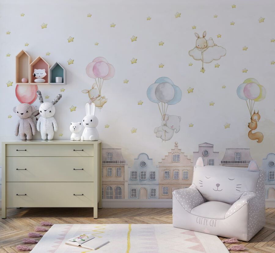 Fototapeta do pokoju dziecięcego w stonowanych barwach z wesołymi zwierzątkami fruwającymi w powietrzu Deszcz Baloników - główne zdjęcie produktu