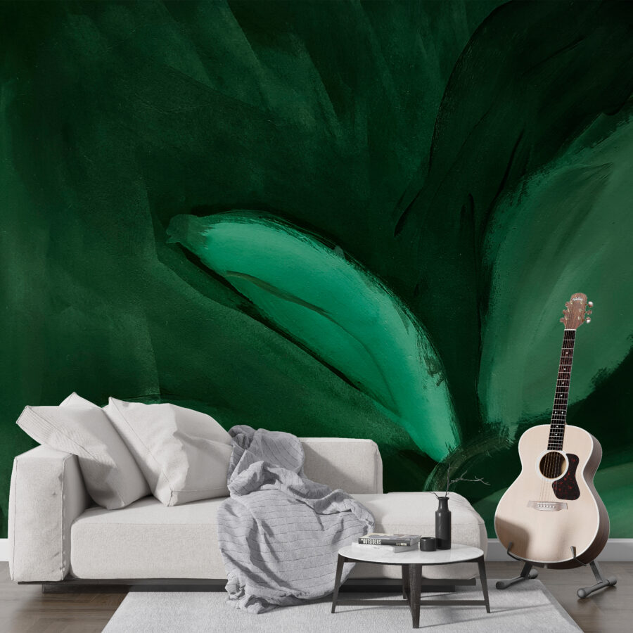 Fototapeta w odcieniach zieleni z abstrakcyjnym wizerunkiem tropikalnego liścia Jaskrawa Zieleń - główne zdjęcie produktu