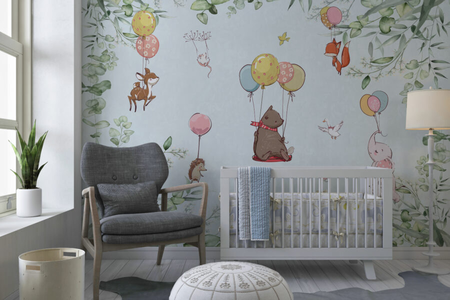 Fototapeta do pokoju dziecięcego ze zwierzątkami latającymi z balonikami Kolorowe Zwierzątka - główne zdjęcie produktu