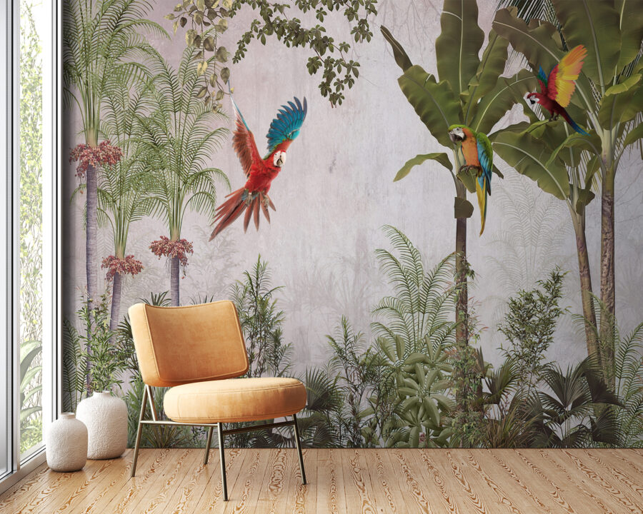 Fototapeta z egzotycznymi palmami i kolorowymi ptakami Papuga w Locie - główne zdjęcie produktu
