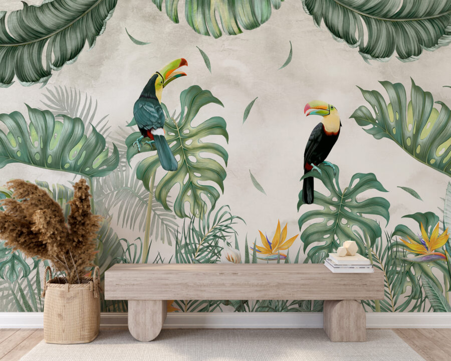 Fototapeta z egzotycznymi ptakami i dużymi liśćmi Para Tukanów - główne zdjęcie produktu
