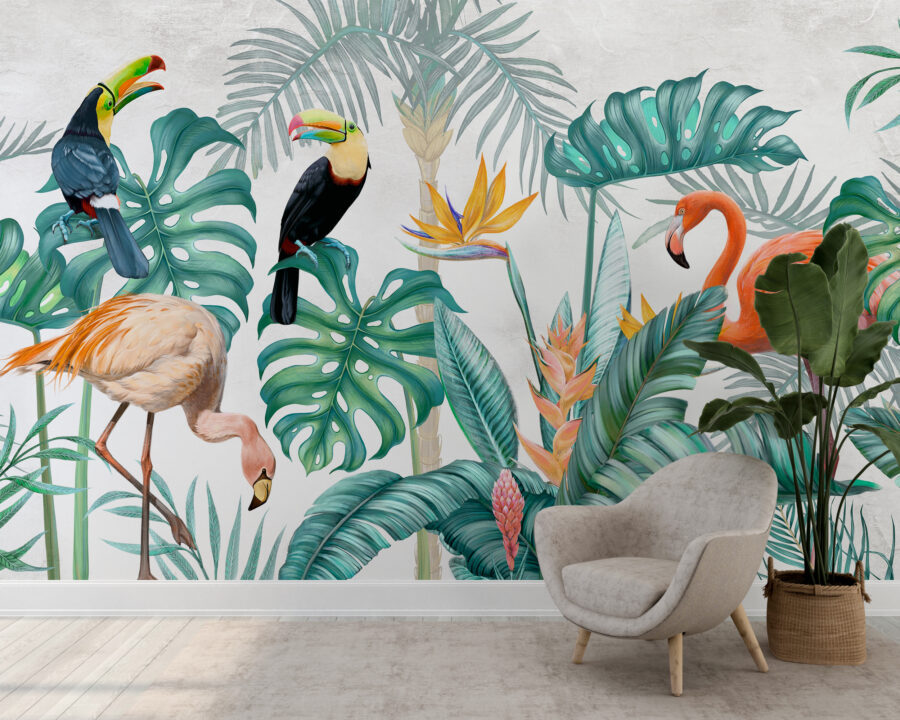 Fototapeta z egzotycznymi ptakami w dżungli, kolorowa i nowoczesna wizualizacja Ptaki Dżungli - główne zdjęcie produktu