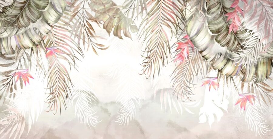 Fototapeta z motywem tropikalnej roślinności w stonowanej tonacji z różowymi akcentami Różowe Liście - zdjęcie numer 2