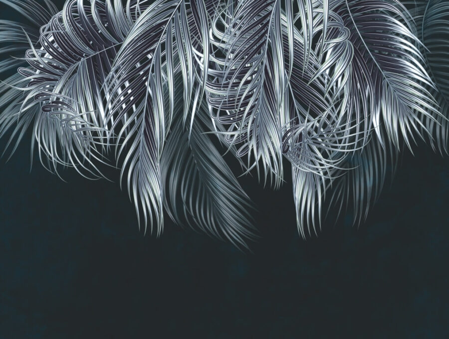 Fototapeta w formacie 3D z motywem liści palmowych w srebrnych i czarnych odcieniach Srebrna Palma - zdjęcie numer 2