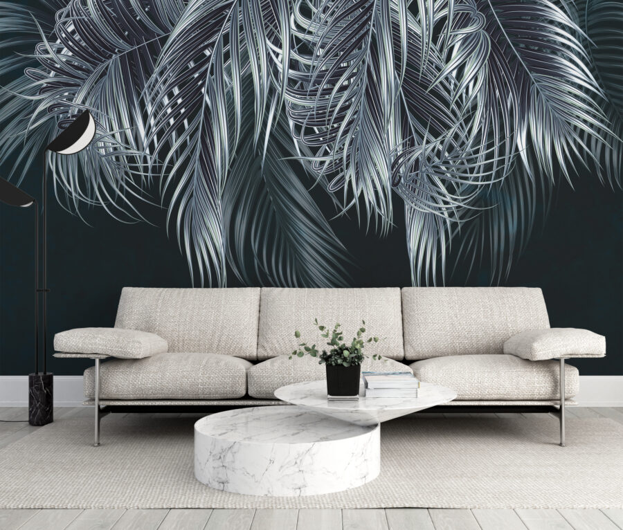 Fototapeta w formacie 3D z motywem liści palmowych w srebrnych i czarnych odcieniach Srebrna Palma - główne zdjęcie produktu