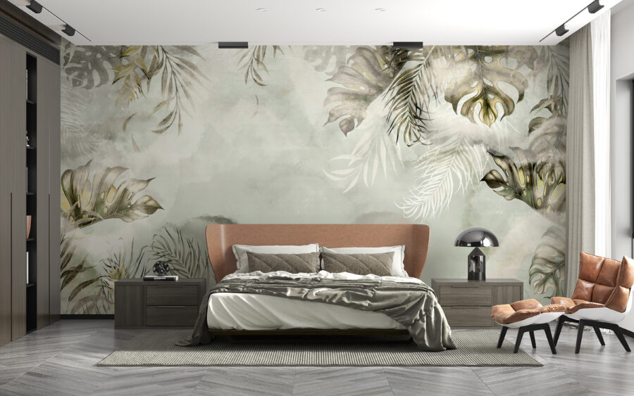 Fototapeta z tropikalnymi liśćmi na tle stalowoszarego zachmurzonego nieba Szare Niebo - główne zdjęcie produktu